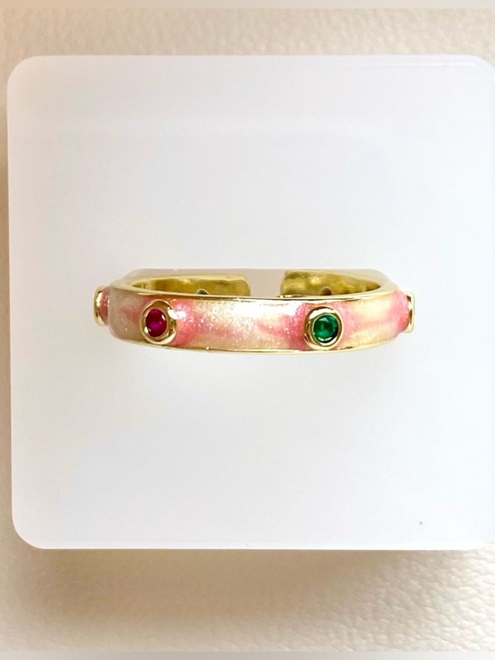 Gold-Tone Pink Enamel Ring with Red and Green Stones